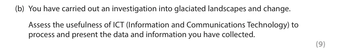 June 2024 AS Paper 1, question 3(b): You have carried out an investigation into glaciated landscapes and change. Assess the usefulness of ICT (Information and Communications Technology) to process