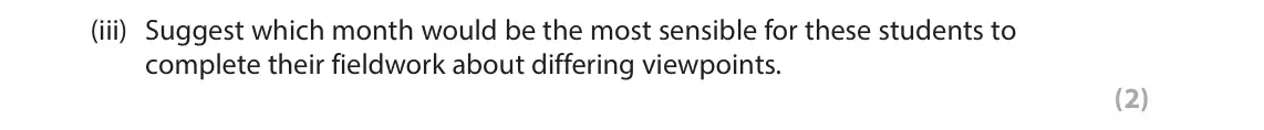 June 2024 AS Paper 1, question 6(a)(iii): Suggest which month would be the most sensible for these students to complete their fieldwork about differing viewpoints. (2) 20 18 16 14 12 10 8 Average 8 temp