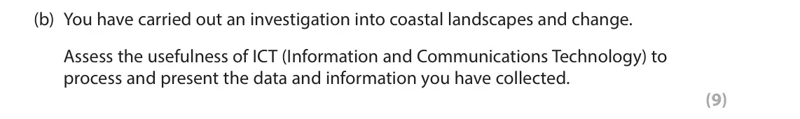 June 2024 AS Paper 1, question 6(b): You have carried out an investigation into coastal landscapes and change. Assess the usefulness of ICT (Information and Communications Technology) to process an
