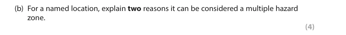 June 2025 AS Paper 1, question 1(b): For a named location, explain two reasons it can be considered a multiple hazard zone. (4) SECTION A The following resource relates to Question 1. 30°E 60°E 90°