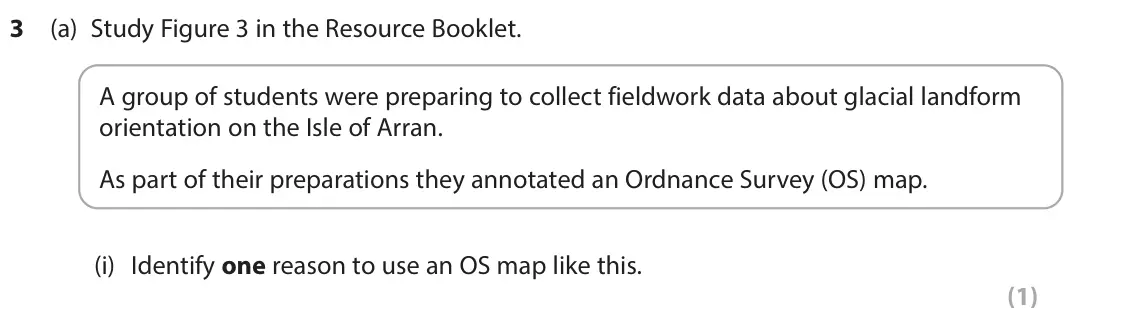 June 2025 AS Paper 1, question 3(a)(i): Identify one reason to use an OS map like this. (1) Waterfall at Sannox 50m Cir Mhòr 799m X N Key Risk management: Recommended walking route 1km Start of walkin