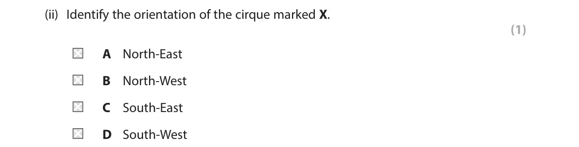 June 2025 AS Paper 1, question 3(a)(ii): Identify the orientation of the cirque marked X. (1) A North-East B North-West C South-East D South-West Waterfall at Sannox 50m Cir Mhòr 799m X N Key Risk mana