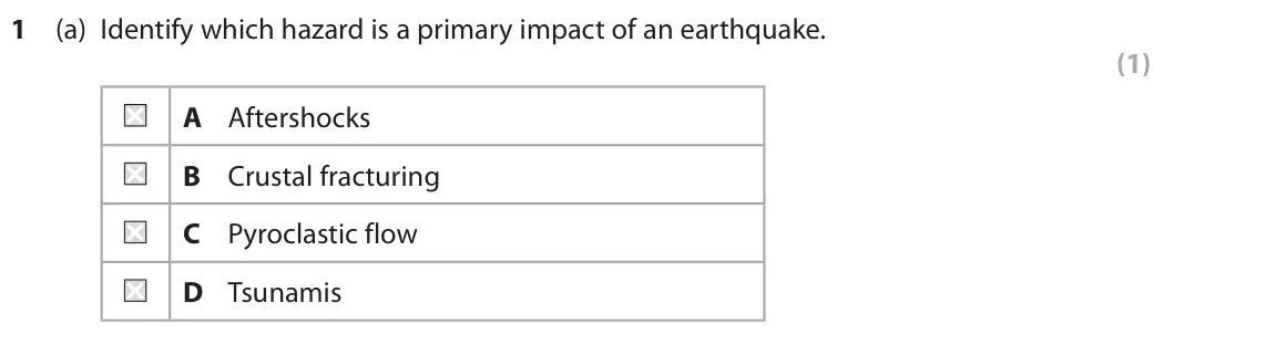 October 2020 AS Paper 1, question 1(a): Identify which hazard is a primary impact of an earthquake. (1) A Aftershocks B Crustal fracturing C Pyroclastic flow D Tsunamis SECTION A The following resourc