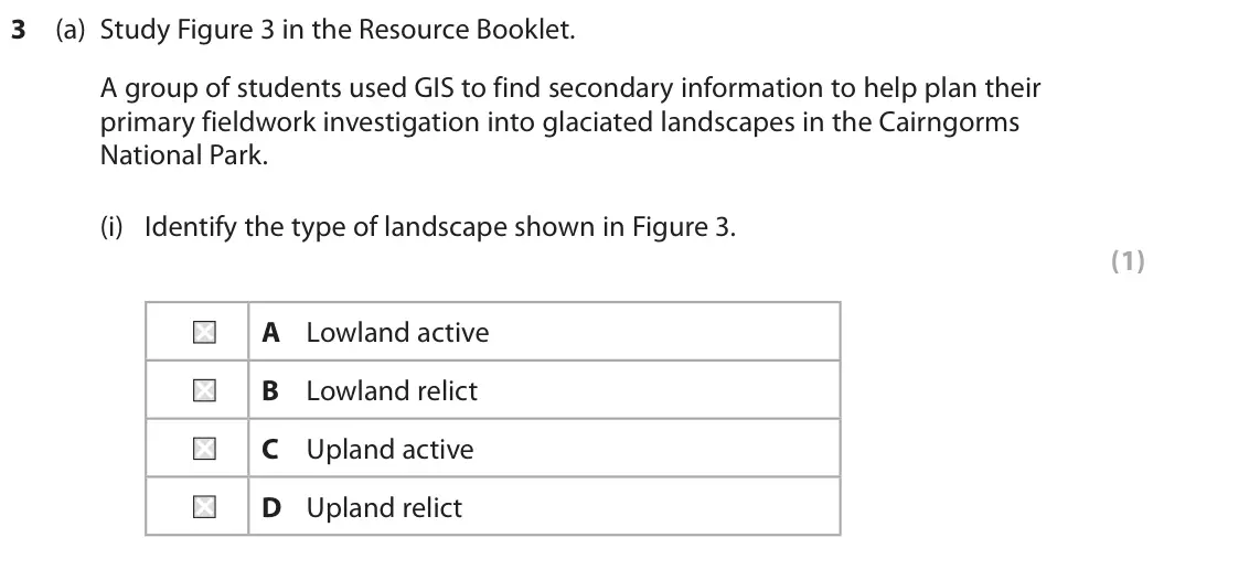 October 2020 AS Paper 1, question 3(a)(i): Identify the type of landscape shown in Figure 3. (1) A Lowland active B Lowland relict C Upland active D Upland relict Box A Box A Loch Brandy N 0 1km Key Slop