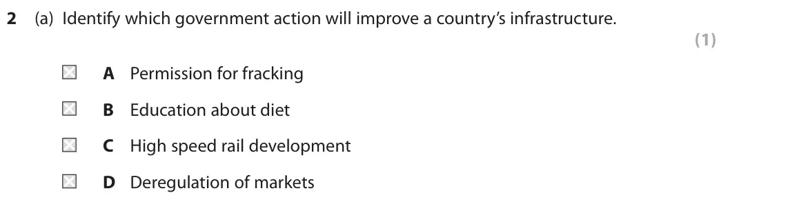 June 2018 AS Paper 2, question 2(a): Identify which government action will improve a country’s infrastructure. (1) A Permission for fracking B Education about diet C High speed rail development D D