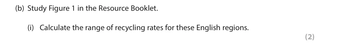 June 2022 AS Paper 2, question 1(b)(i): Calculate the range of recycling rates for these English regions. (2) SECTION A The following resource relates to Question 1. East Midlands Eastern London North