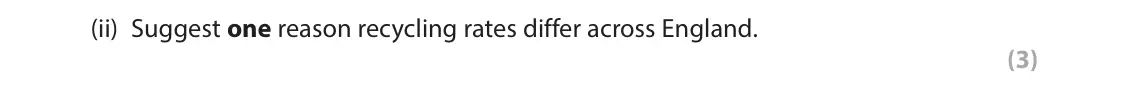 June 2022 AS Paper 2, question 1(b)(ii): Suggest one reason recycling rates differ across England. (3) SECTION A The following resource relates to Question 1. East Midlands Eastern London North East No