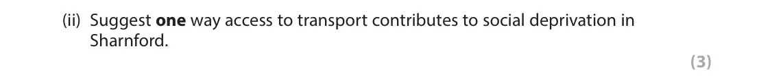 June 2022 AS Paper 2, question 2(b)(ii): Suggest one way access to transport contributes to social deprivation in Sharnford. (3) SECTION B The following resource relates to Question 2. Bus Bus Bus Bus 