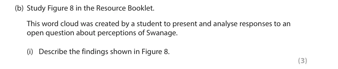 June 2022 AS Paper 2, question 8(b)(i): Describe the findings shown in Figure 8. (3) 8 Students interviewed tourists on Swanage seafront as part of an investigation into perceptions of the town. They 