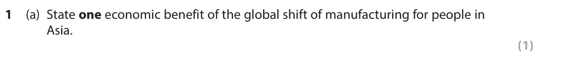 June 2023 AS Paper 2, question 1(a): State one economic benefit of the global shift of manufacturing for people in Asia. (1) SECTION A The following resource relates to Question 1. N Zhaoqing Guang