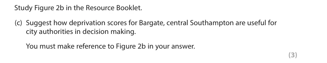 June 2023 AS Paper 2, question 2(c): Suggest how deprivation scores for Bargate, central Southampton are useful for city authorities in decision making. You must make reference to Figure 2b in your