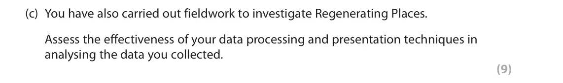 June 2023 AS Paper 2, question 3(c): You have also carried out fieldwork to investigate Regenerating Places. Assess the effectiveness of your data processing and presentation techniques in analysin
