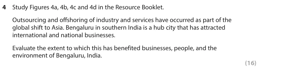 June 2023 AS Paper 2, question 4: Study Figures 4a, 4b, 4c and 4d in the Resource Booklet. Outsourcing and offshoring of industry and services have occurred as part of the global shift to Asia.