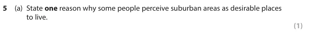 June 2023 AS Paper 2, question 5(a): State one reason why some people perceive suburban areas as desirable places to live. (1) SECTION C The following resources relate to Question 5. Thousands of p