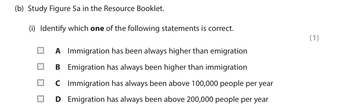 June 2023 AS Paper 2, question 5(b)(i): Identify which one of the following statements is correct. (1) A Immigration has been always higher than emigration B Emigration has always been higher than imm