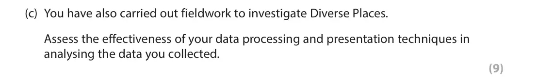 June 2023 AS Paper 2, question 6(c): You have also carried out fieldwork to investigate Diverse Places. Assess the effectiveness of your data processing and presentation techniques in analysing the