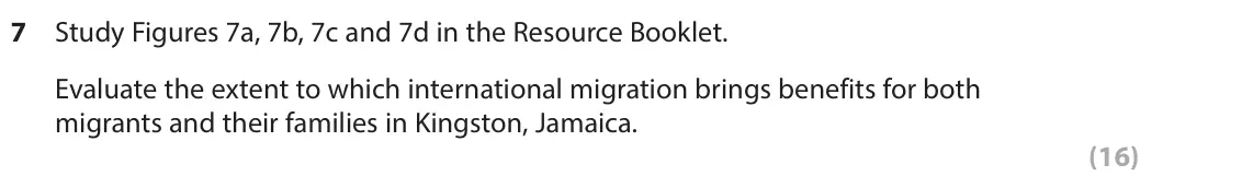 June 2024 AS Paper 2, question 7: Study Figures 7a, 7b, 7c and 7d in the Resource Booklet. Evaluate the extent to which international migration brings benefits for both migrants and their famili