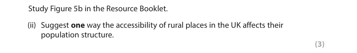June 2025 AS Paper 2, question 5(b)(ii): Suggest one way the accessibility of rural places in the UK affects their population structure. (3) SECTION C The following resources relate to Question 5. Tota