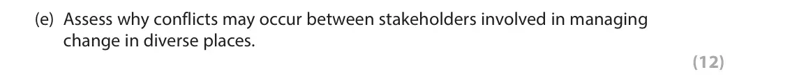 June 2025 AS Paper 2, question 5(e): Assess why conflicts may occur between stakeholders involved in managing change in diverse places. (12) SECTION C The following resources relate to Question 5.