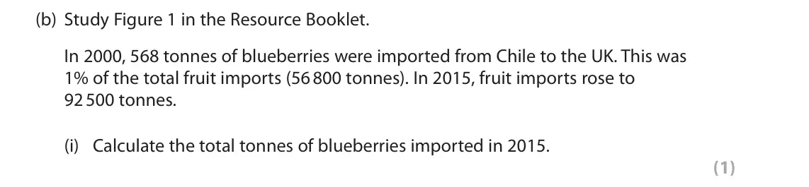 October 2020 AS Paper 2, question 1(b)(i): Calculate the total tonnes of blueberries imported in 2015. (1) SECTION A The following resources relate to Question 1. 2000: 56 800 tonnes of fruit imported Ch