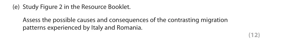 October 2020 AS Paper 2, question 1(e): Study Figure 2 in the Resource Booklet. Assess the possible causes and consequences of the contrasting migration patterns experienced by Italy and Romania. (12)