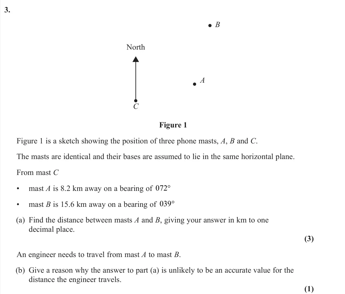 June 2023 AS Pure, question 3: North C A B Figure 1 Figure 1 is a sketch showing the position of three phone masts, A, B and C. The masts are identical and their bases are assumed to lie in t