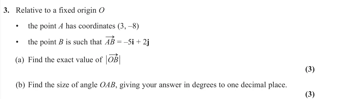June 2025 AS Pure, question 3: Relative to a fixed origin O • the point A has coordinates (3, –8) • the point B is such that AB → = –5i + 2j (a) Find the exact value of ½OB →½ (3) (b) Find th
