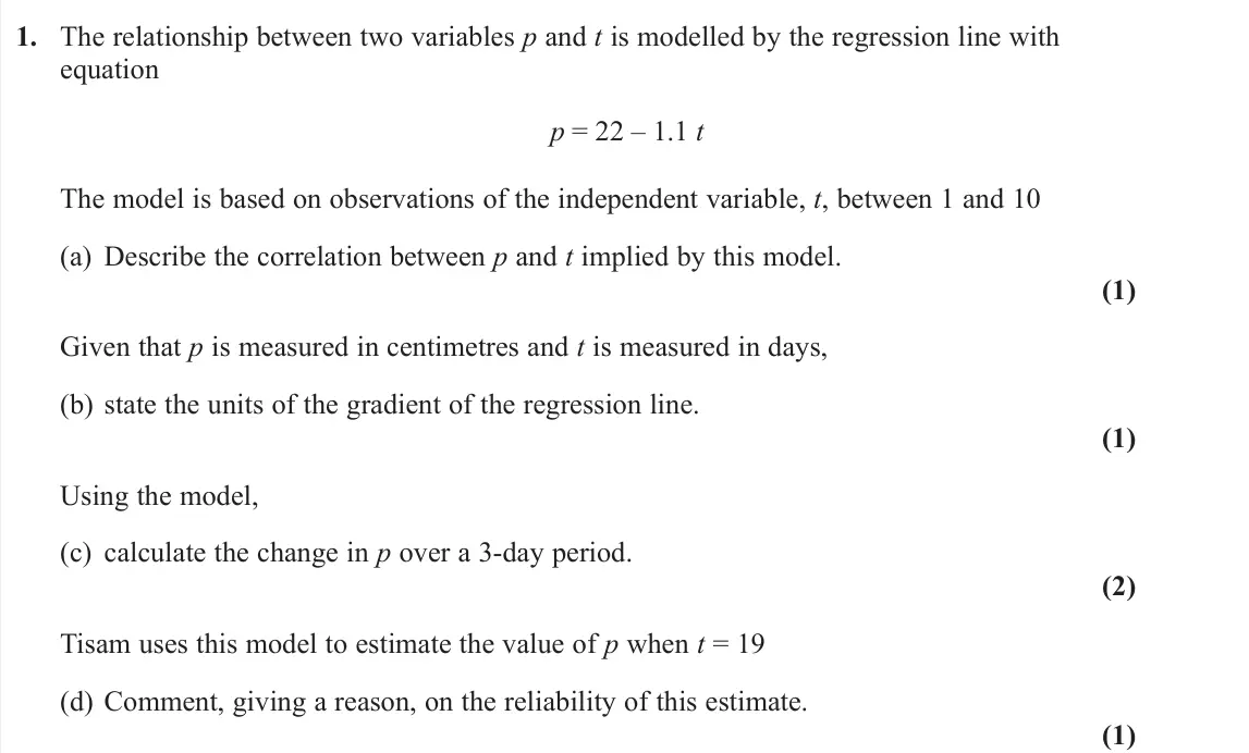 June 2022 AS Statistics, question 1: The relationship between two variables p and t is modelled by the regression line with equation p = 22 – 1.1 t The model is based on observations of the indepen