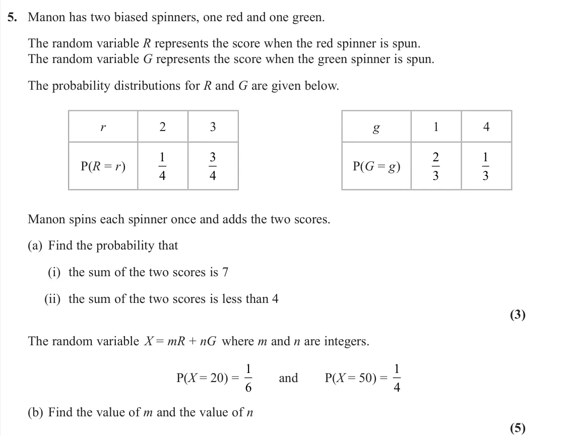 June 2022 AS Statistics, question 5: Manon has two biased spinners, one red and one green. The random variable R represents the score when the red spinner is spun. The random variable G represents