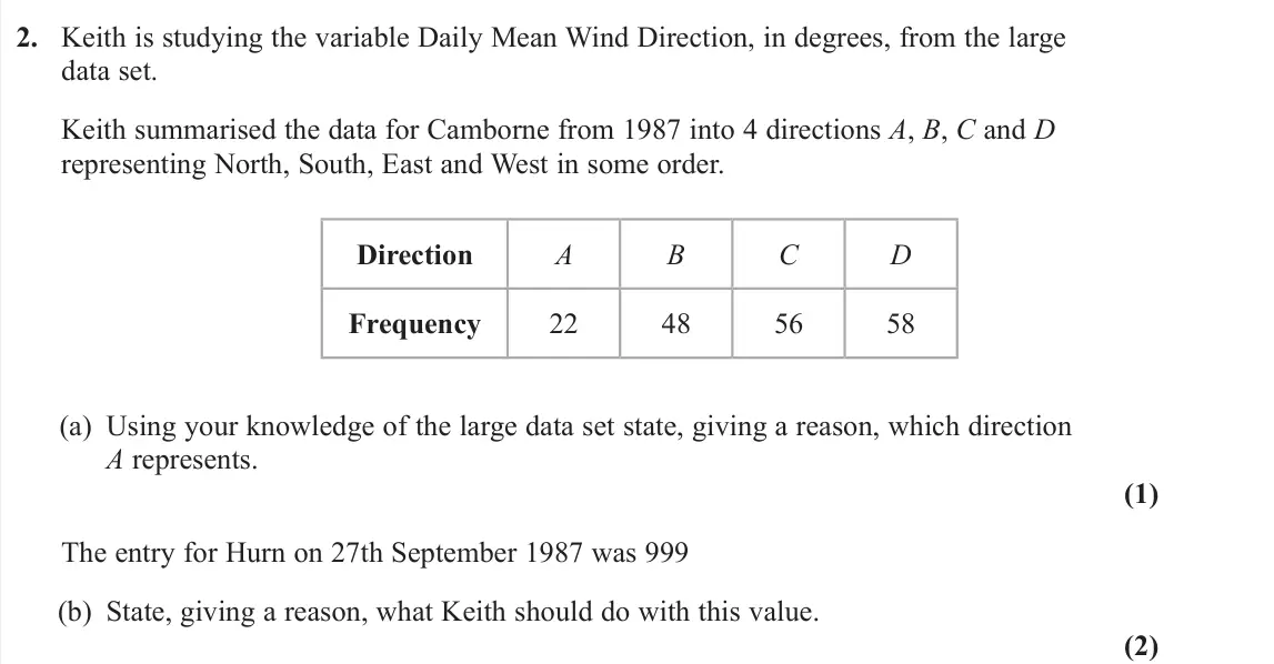 June 2024 AS Statistics, question 2: Keith is studying the variable Daily Mean Wind Direction, in degrees, from the large data set. Keith summarised the data for Camborne from 1987 into 4 direction