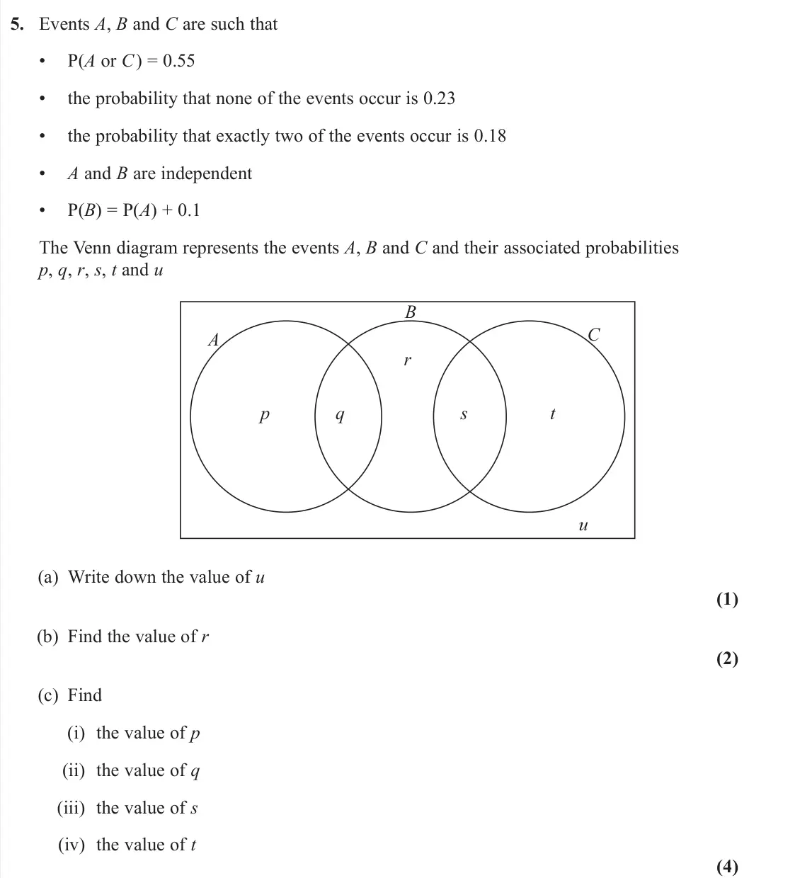 June 2025 AS Statistics, question 5: Events A, B and C are such that • P(A or C) = 0.55 • the probability that none of the events occur is 0.23 • the probability that exactly two of the events occu
