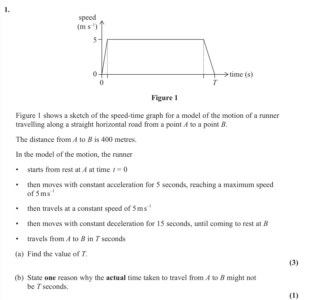 June 2025 AS Mechanics, question 1: 0 5 0 T speed (m s–1) time (s) Figure 1 Figure 1 shows a sketch of the speed‑time graph for a model of the motion of a runner travelling along a straight horizo