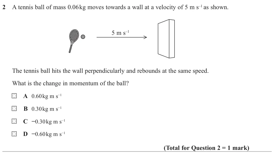 June 2016 AS Paper 1, question 2: A tennis ball of mass 0.06kg moves towards a wall at a velocity of 5 m s–1 as shown. 5 m s–1 The tennis ball hits the wall perpendicularly and rebounds at the s
