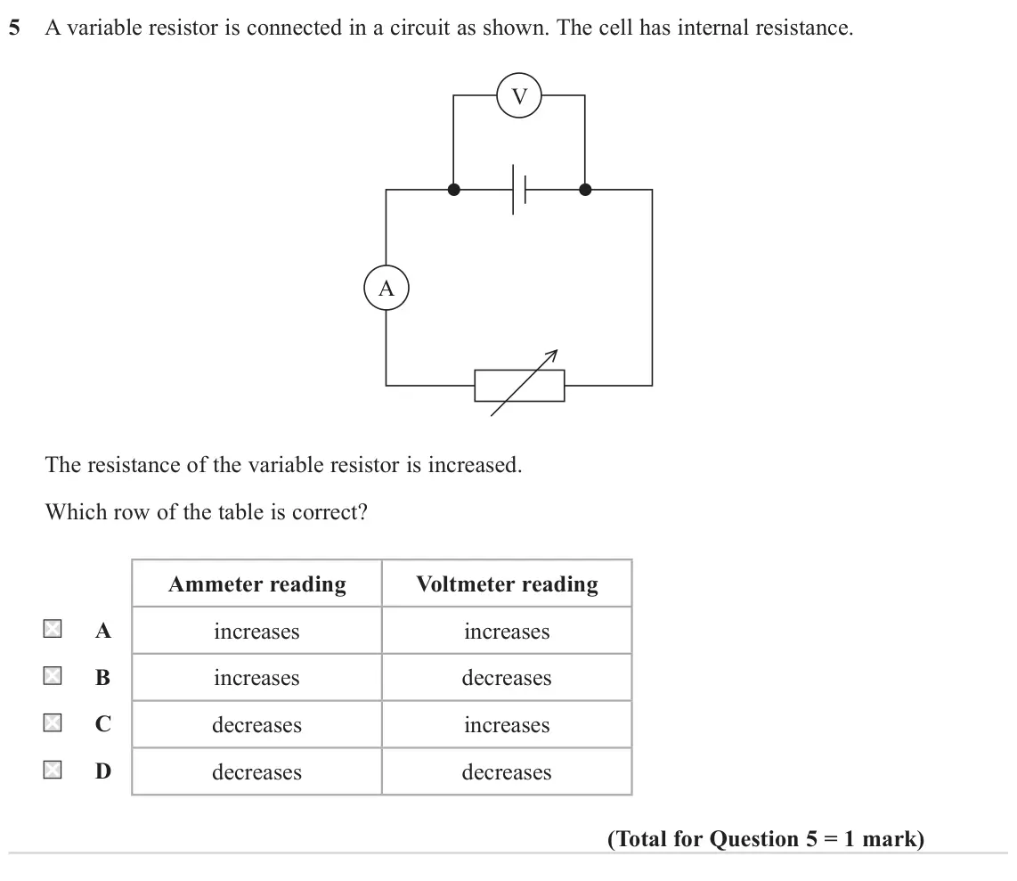 June 2022 AS Paper 1, question 5: A variable resistor is connected in a circuit as shown. The cell has internal resistance. V A The resistance of the variable resistor is increased. Which row of