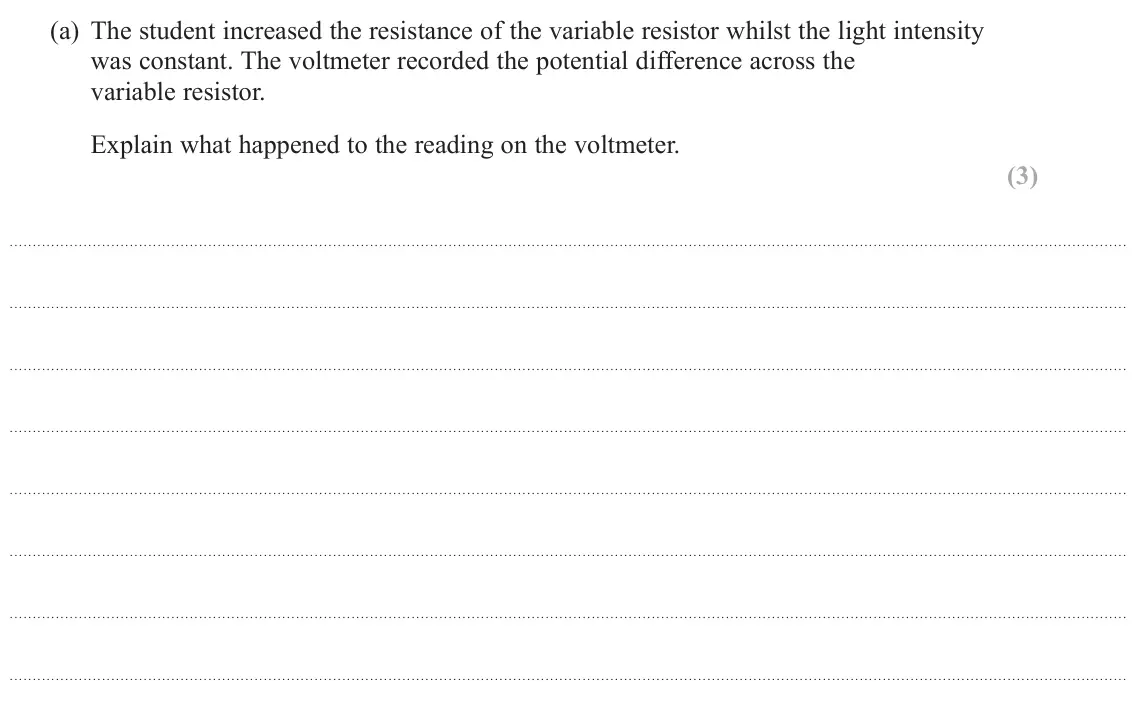 June 2022 AS Paper 1, question 11(a): The student increased the resistance of the variable resistor whilst the light intensity was constant. The voltmeter recorded the potential difference across th