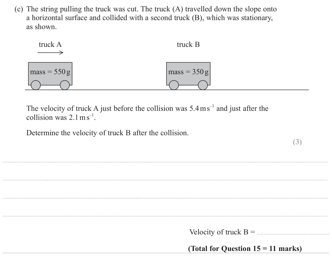 June 2022 AS Paper 1, question 15(c): The string pulling the truck was cut. The truck (A) travelled down the slope onto a horizontal surface and collided with a second truck (B), which was stationar
