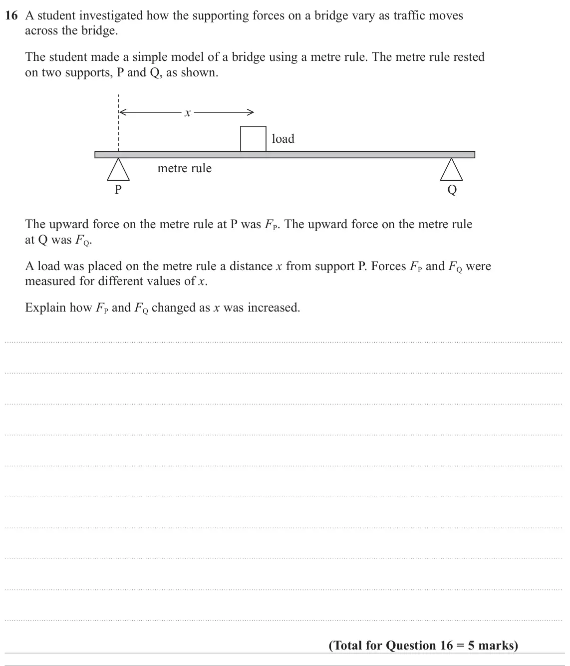 June 2022 AS Paper 1, question 16: A student investigated how the supporting forces on a bridge vary as traffic moves across the bridge. The student made a simple model of a bridge using a metre