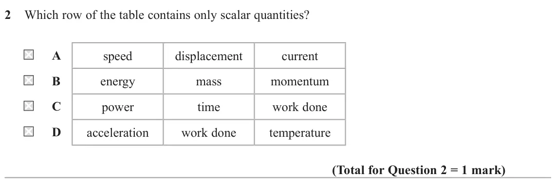 June 2023 AS Paper 1, question 2: Which row of the table contains only scalar quantities? A speed displacement current B energy mass momentum C power time work done D acceleration work done temp