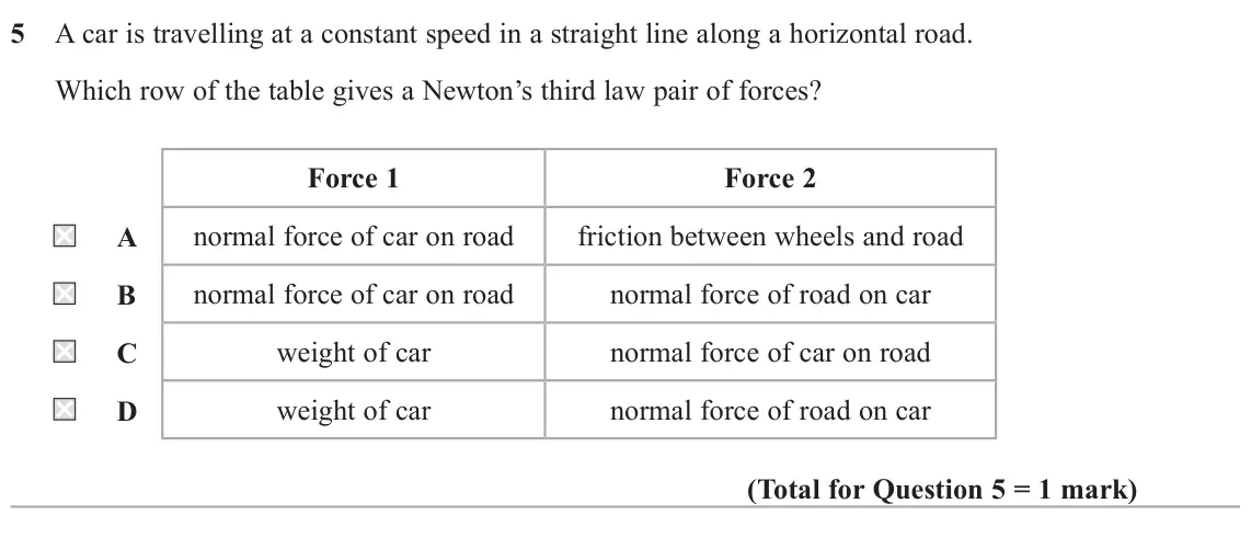 June 2023 AS Paper 1, question 5: A car is travelling at a constant speed in a straight line along a horizontal road. Which row of the table gives a Newton’s third law pair of forces? Force 1 Fo