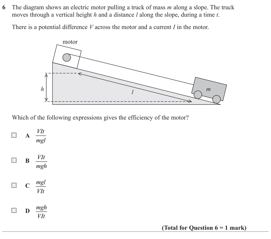 June 2023 AS Paper 1, question 6: The diagram shows an electric motor pulling a truck of mass m along a slope. The truck moves through a vertical height h and a distance l along the slope, durin