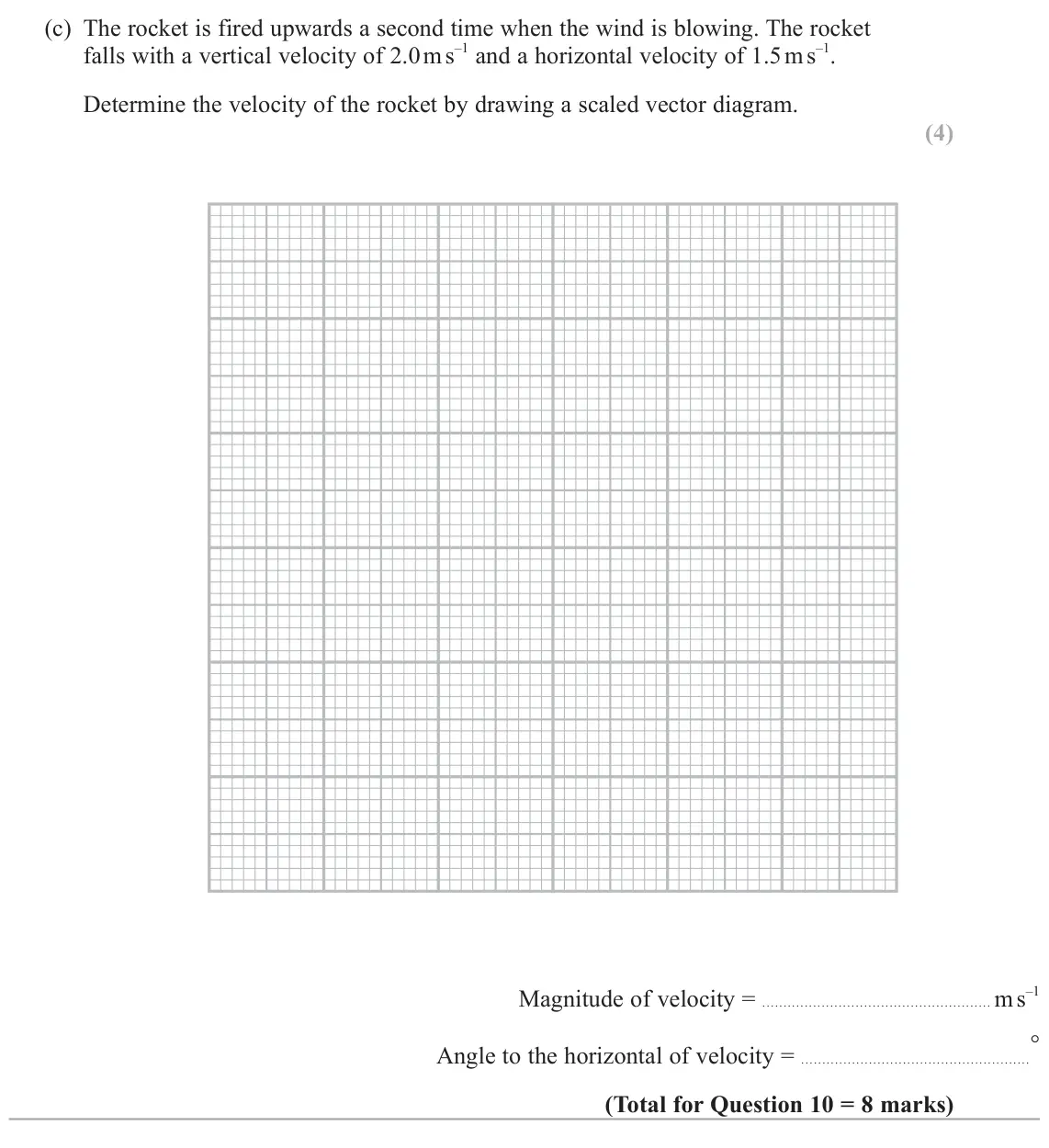 June 2023 AS Paper 1, question 10(c): The rocket is fired upwards a second time when the wind is blowing. The rocket falls with a vertical velocity of 2.0 m s –1 and a horizontal velocity of 1.5 m s