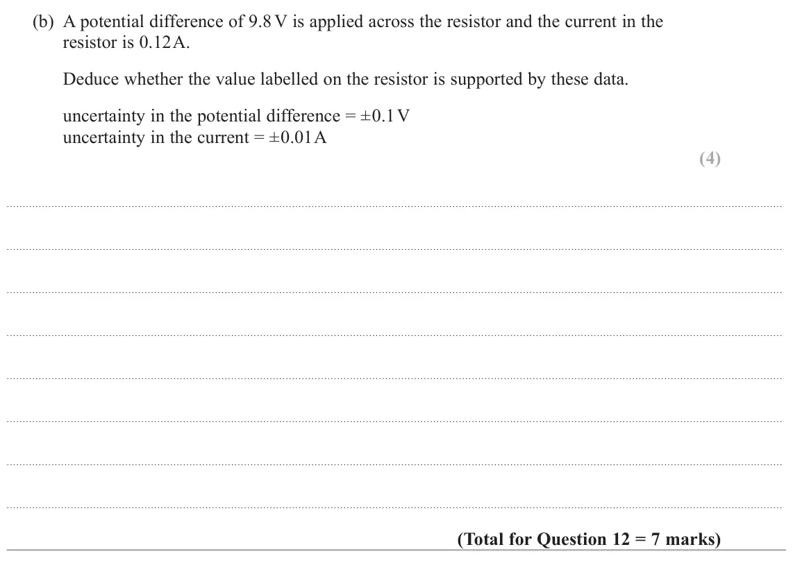June 2023 AS Paper 1, question 12(b): A potential difference of 9.8 V is applied across the resistor and the current in the resistor is 0.12 A. Deduce whether the value labelled on the resistor is s