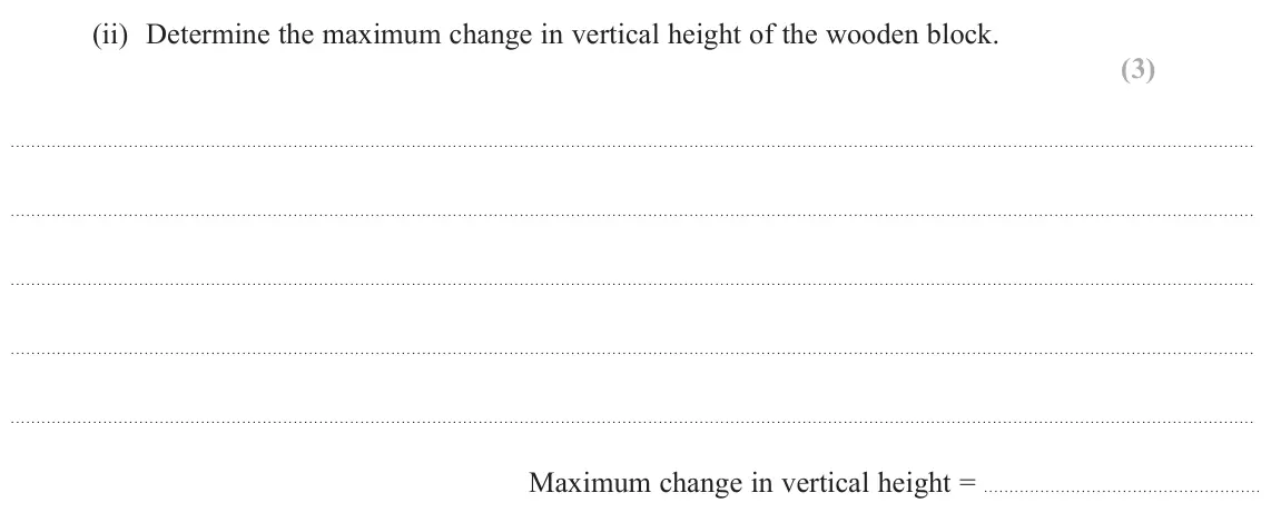 June 2023 AS Paper 1, question 15(a)(ii): Determine the maximum change in vertical height of the wooden block. (3) Maximum change in vertical height =