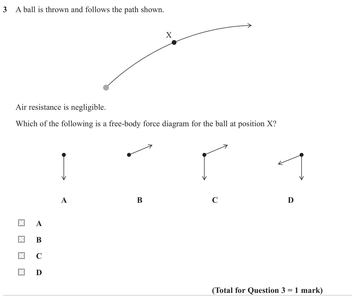 June 2024 AS Paper 1, question 3: A ball is thrown and follows the path shown. X Air resistance is negligible. Which of the following is a free-body force diagram for the ball at position X? A B