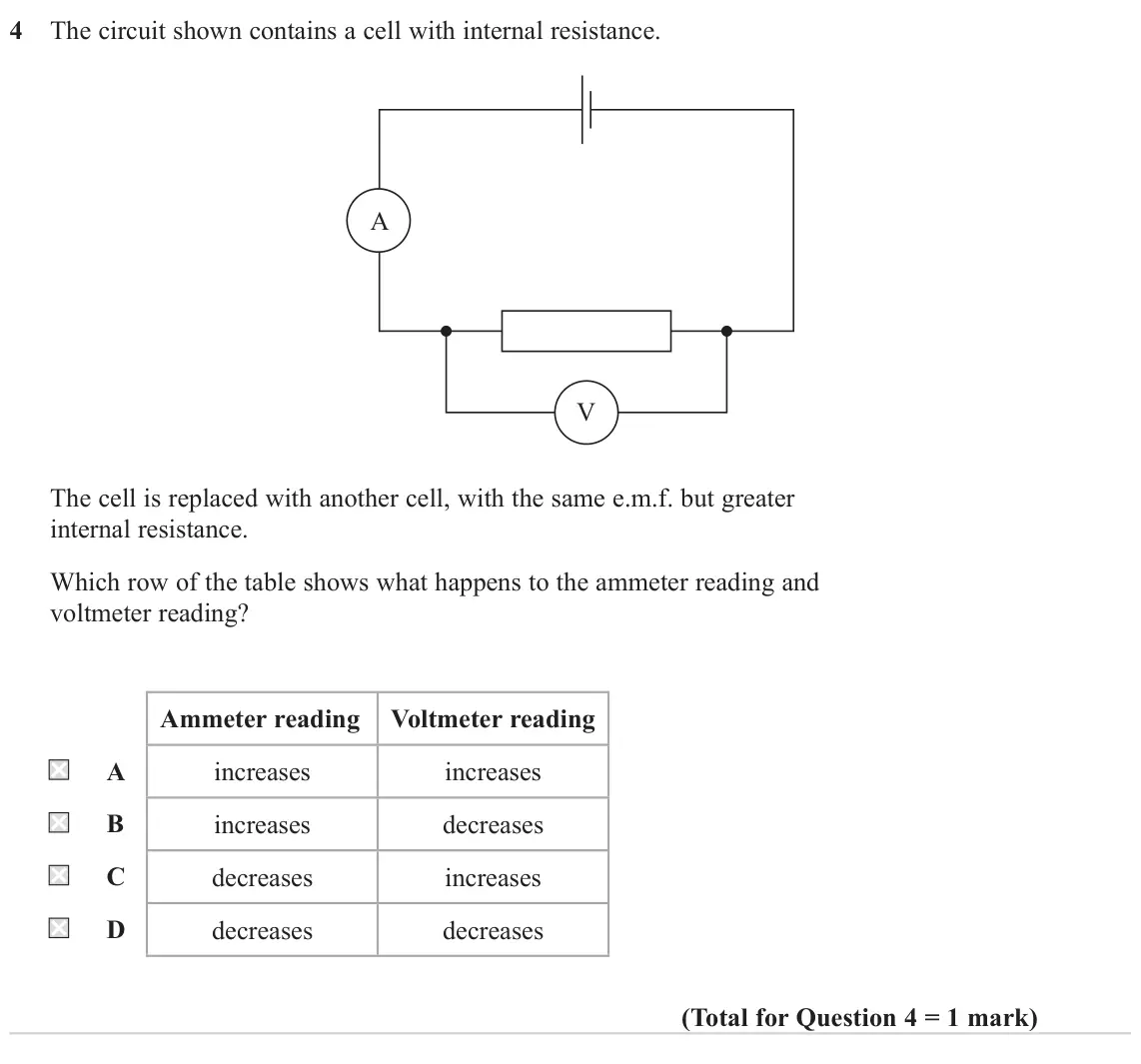 June 2024 AS Paper 1, question 4: The circuit shown contains a cell with internal resistance. A V The cell is replaced with another cell, with the same e.m.f. but greater internal resistance. Wh