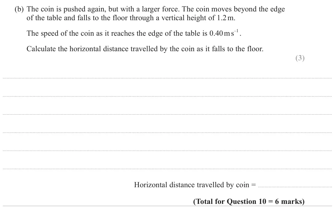 June 2024 AS Paper 1, question 10(b): The coin is pushed again, but with a larger force. The coin moves beyond the edge of the table and falls to the floor through a vertical height of 1.2 m. The sp