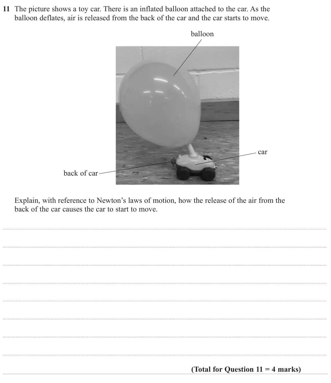 June 2024 AS Paper 1, question 11: The picture shows a toy car. There is an inflated balloon attached to the car. As the balloon deflates, air is released from the back of the car and the car sta