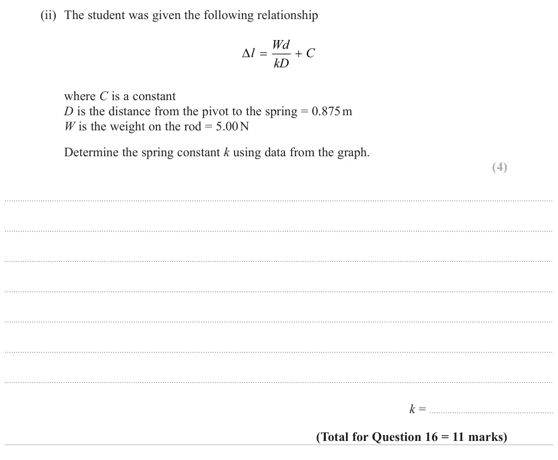 June 2024 AS Paper 1, question 16(b)(ii): The student was given the following relationship Wd l C kD where C is a constant D is the distance from the pivot to the spring = 0.875 m W is the weight on the