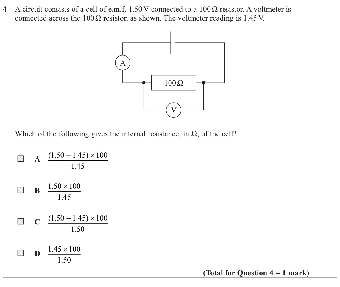 June 2025 AS Paper 1, question 4: A circuit consists of a cell of e.m.f. 1.50 V connected to a 100 Ω resistor. A voltmeter is connected across the 100 Ω resistor, as shown. The voltmeter reading