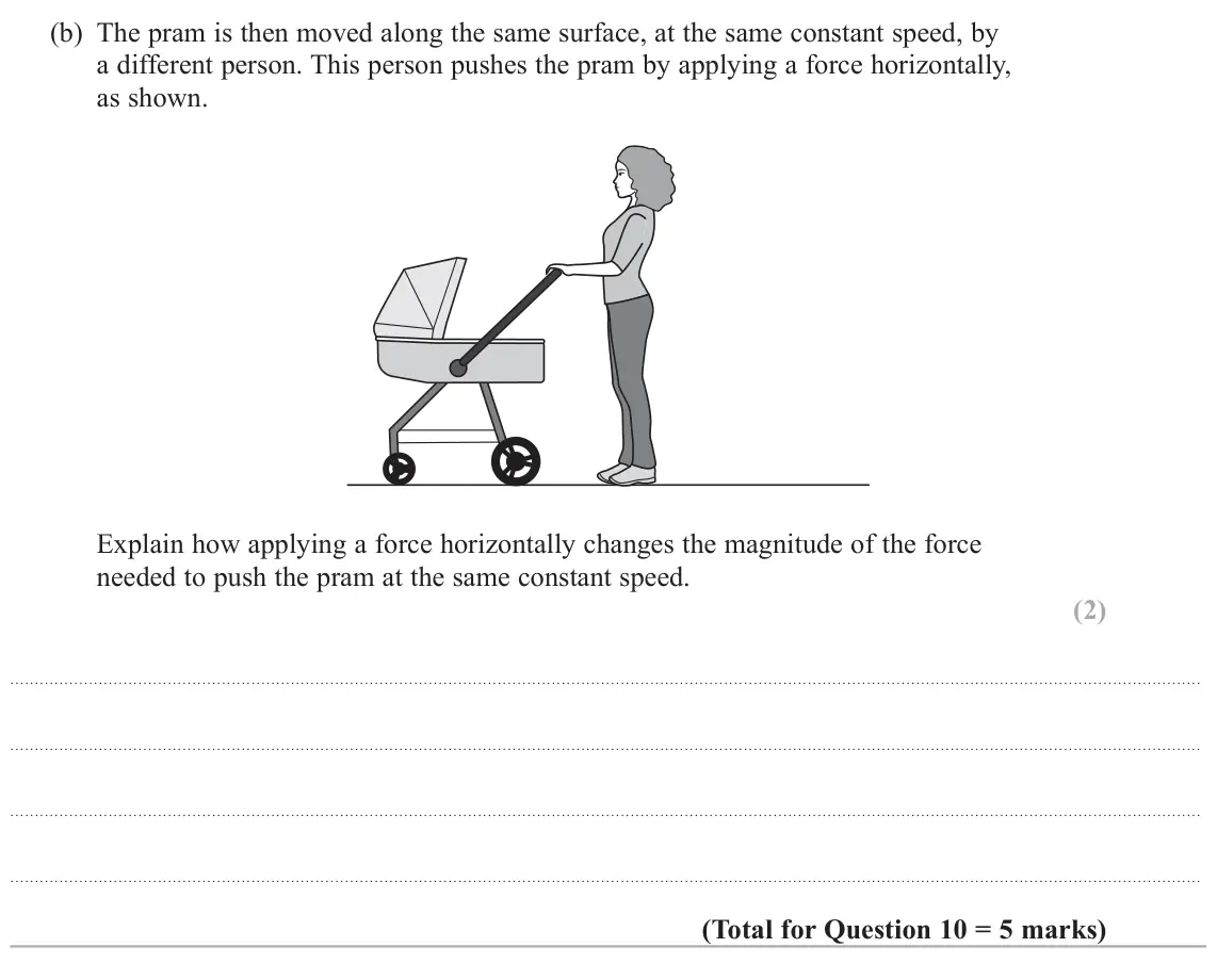 June 2025 AS Paper 1, question 10(b): The pram is then moved along the same surface, at the same constant speed, by a different person. This person pushes the pram by applying a force horizontally,